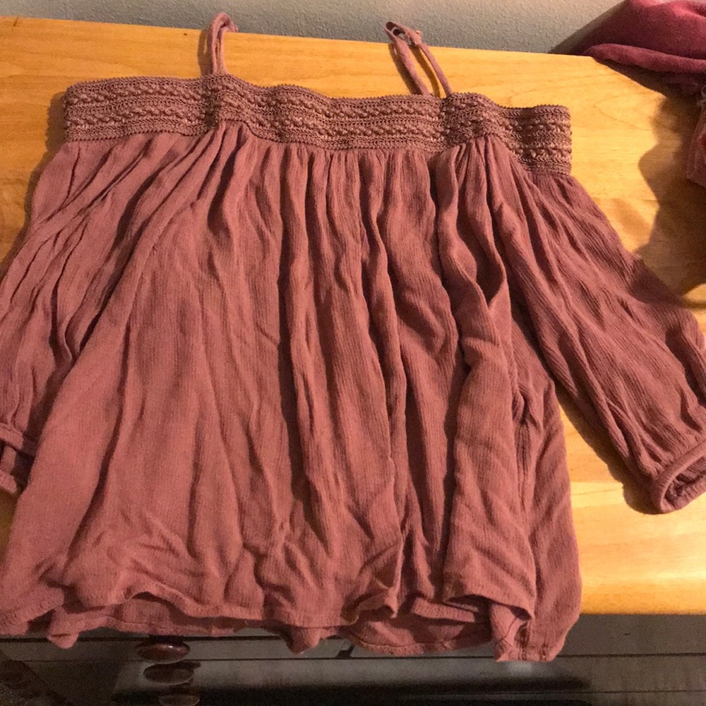 off the shoulder pink shirt